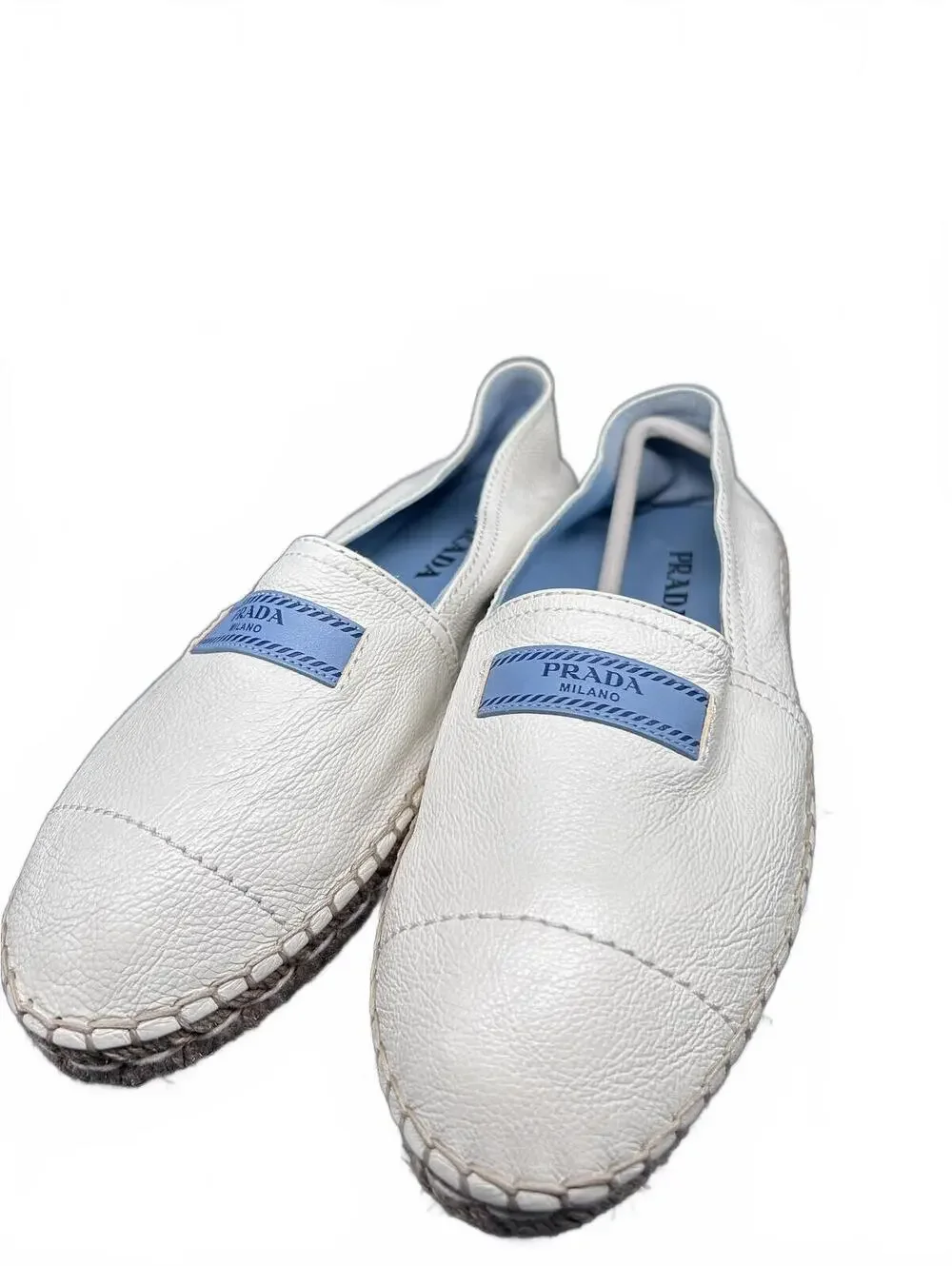 Prada White Grained Leather Espadrilles Slip On Shoes EU 38.5